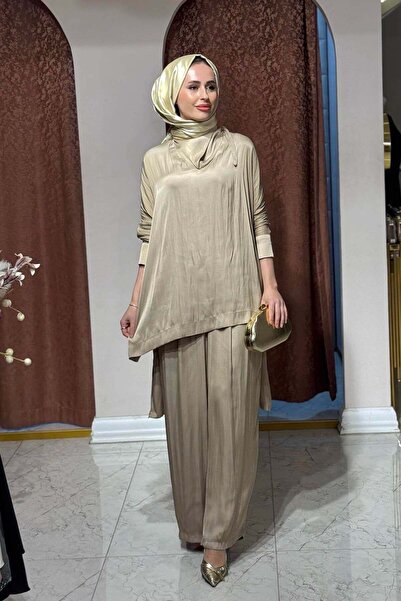 EkshiButik Green JADE Pamuk Saten Pantolonlu Takım 4900 Bej
