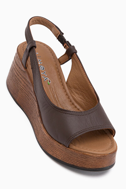 Limoya Marry Genuine Leather Brown Elastic Wedge Heeled Women's Shoes