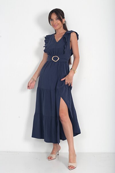 By Saygı Women's V-Neck Ruffled Modal Midi Dress with Gipeli Buckle Detail at...