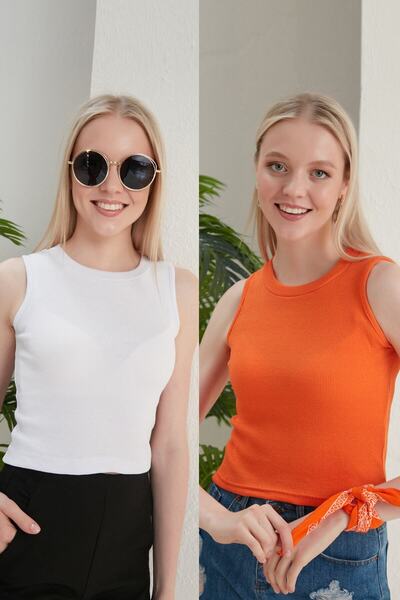Feyece Women's White Orange Halter Neck 2-Piece Crop Blouse
