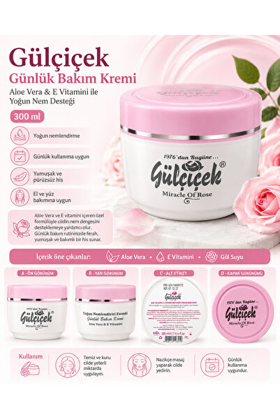 lunoria beauty Gülçiçek Aloe Vera ve E Vitaminli Günlük Bakım Kremi 300 ml - ...