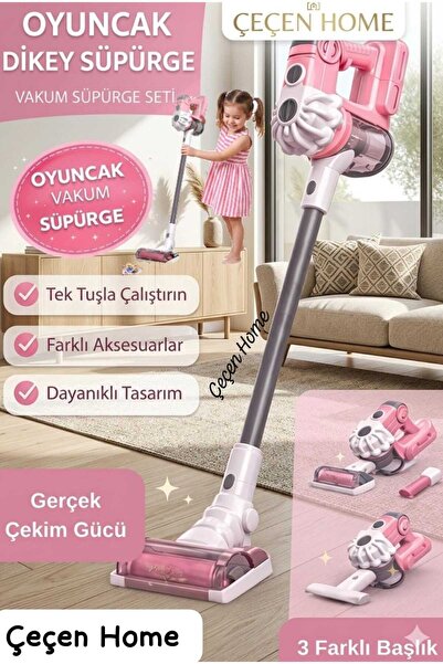 ÇEÇEN HOME 3 Başlıklı Pilli Sesli Dik Oyuncak Süpürge, Gerçek Çekim Güçlü Ger...