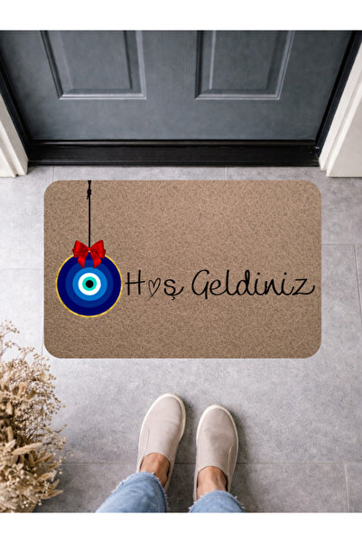 BERT Nazar Boncuklu "Hoşgeldiniz" Kapı Önü Paspası 70x45 cm Kaymaz Taban Diji...