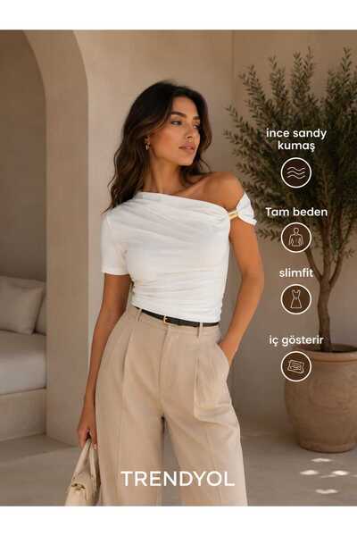 Mother hand Women's White Asymmetrical Collar Slim Fit Blouse Thin Sandy Fabr...