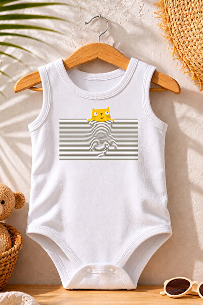 Pamuk Saray Sleepy Cat Printed Baby Bodysuit 100% Cotton Badi