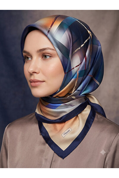 Picasso Silk-Look Navy Blue - Brown Scarf – Twill Stylish Design 90X90