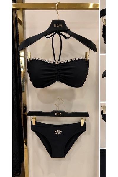 Maser Taş Detaylı Straplez Bikini Takımı Siyah