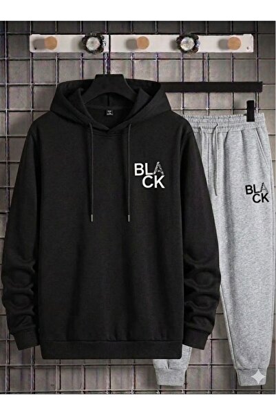 YK WEAR Black and Gray Hooded Black Printed Sweat Unisex Set