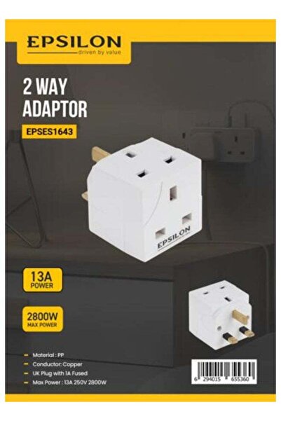 EPSİLON 2 Way Adaptor EPSES1643, UK Plug Square Pin Power Adapter, 13A Fuse 2...