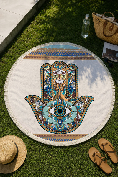 milroma Πετσέτα θαλάσσης με σχέδιο Hamsa, Μπλε Μποέμ, στρογγυλή, 150 εκ.
