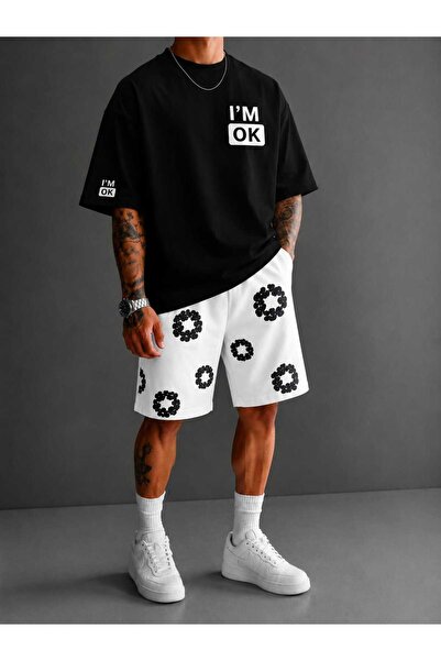 LOTS MODA Men's I'M Ok Printed Oversize 100% Cotton T-Shirt Shorts Set