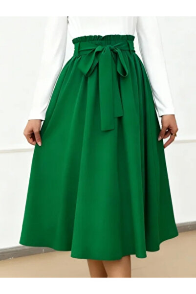 Take Two By Styli Emerald Green A-Line Midi Skirt with Bow Belt