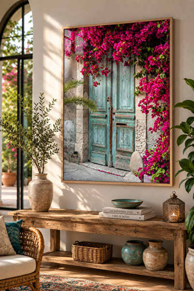 bestablo Slika u drvenom okviru sa ulicom Bougainvillea na obali Egejskog mor...