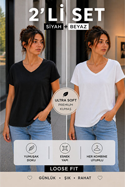 Hayalet Kadın Premium Pamuk Basic T-Shirt V Yaka Kısa Kollu Loose Fit
