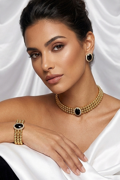 Happyline Oval Siyah Taşlı Gold Boncuklu Choker Set Takım, Gold Boncuk Kolye ...