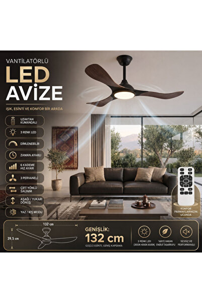 Elektroyou Poyraz Yeni Premium Serisi Ahşap Desenli Vantilatörlü Ledli Avize ...