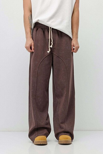 VAMOSCLO Washable Super Baggy Sweatpants with Stitching Detail - Brown
