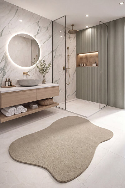 Cool Halı Puffy Bej Amorf Banyo Halısı Organik Şekilli Kalın Peluş Yumuşak Du...