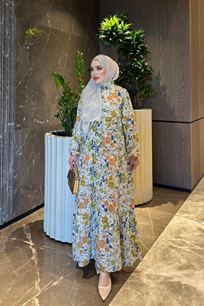 İmajButik Cream/Green Half Buttoned Sleeves Elasticized Patterned Viscose Dress