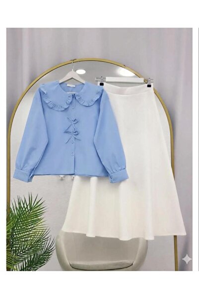 EC MODA Shawl Collar Shirt with Bow Detail Skirt Set