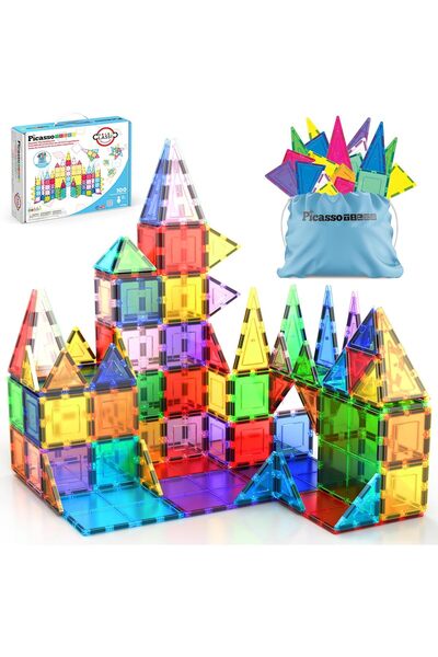 PicassoTiles مجموعة من 100 قطعة من بلاط البناء المغناطيسي الشفاف، مكعبات بناء...