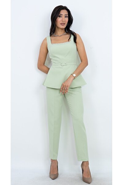 Dorne Moda Özel Koleksiyon Kare Yaka Taş Detaylı Peplum Ceket Pantolon Takım ...