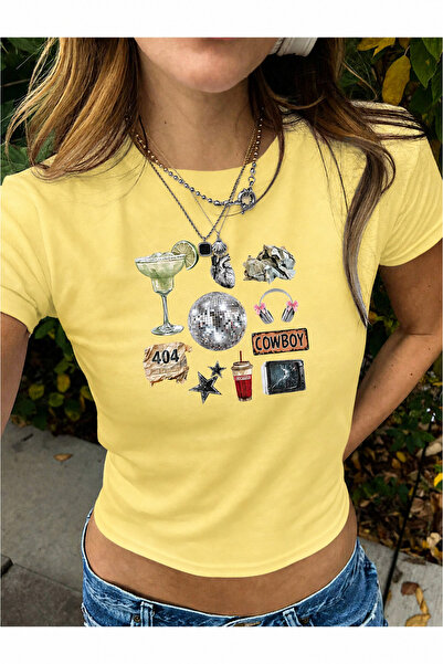 PALPİTO Kadın Sarı Cowboy Baskılı Bisiklet Yaka Dar Crop Tshirt