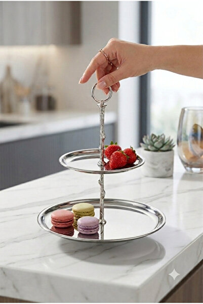 ÖzSa Home Olivia 2 Katlı Paslanmaz Çelik Kurabiye Standı Dekoratif Sunum Teps...