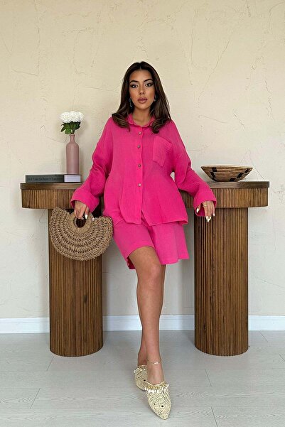Caddebostan Moda طقم نسائي صيفي مكون من قميص وشورت من الموسلين بمقاس كبير