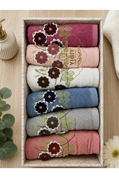 YiğitHome Çeyizlik High Quality 3D Embroidered 6-Piece Face Towel Set