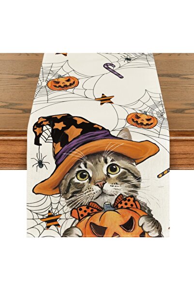 OEM Căreză pentru Masă Halloween cu Dovleci și Pisici decorativ alb 40x300 cm