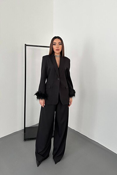 Caddebostan Moda Fleece-Trimmed Blazer Jacket and Palazzo Trousers Two-Piece Set