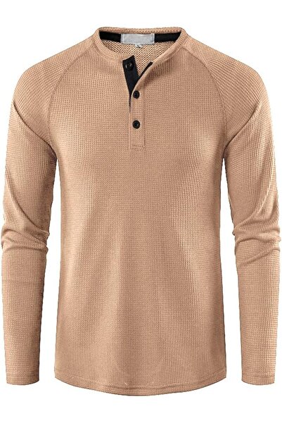 OEM Tricou bărbătesc Henley texturat tip Waflă cu mânecă lungă Casual elegant...