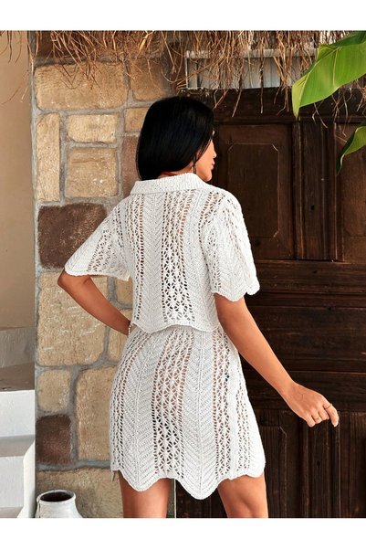 TRAFFOO CLUB Women's Crochet Knitted Blouse and Skirt Set Ecru