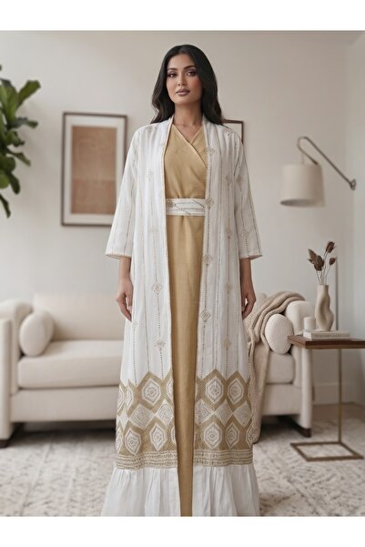 Shams Fashion Sequin Embroidery Three Piece White Abaya