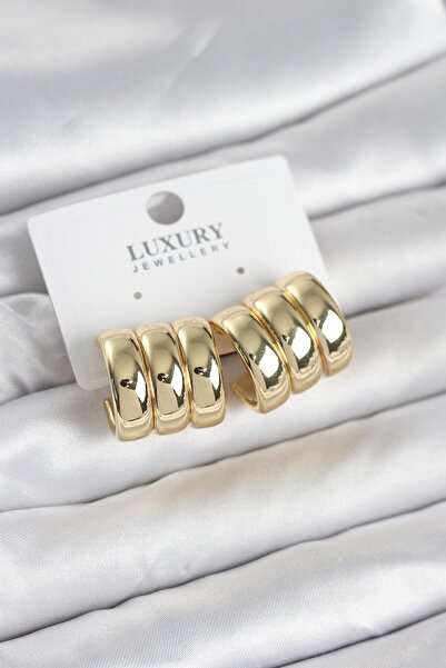 STİLLOVE Brass Gold Color Triple Appearance Women's Earrings