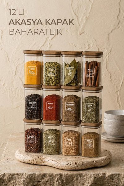 NESS HOME 12-Piece Acacia Look Spice Jar Set with Labels and Leak-Proof Lids ...