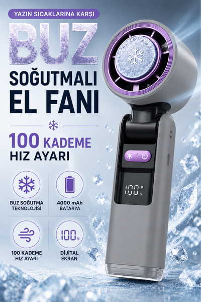 Teknodrone Premium Turbo Buz Soğutmalı El Fanı 100 Kademe Ayarlı 4000 mAh Taş...