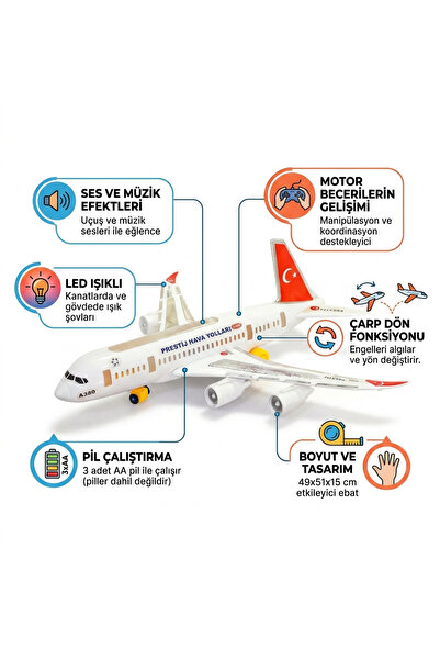 Shoplandu Pilli Sesli Işıklı Müzikli Büyük Boy Oyuncak A380 Airbus Yolcu Uçağı 51 cm