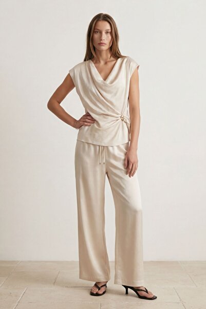 Quzu Asymmetrical Draped Satin Blouse with Accessories Stone
