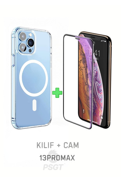 PSGT Set Iphone (13 Promax )kılıf Magsafe Wireless Şarj Destekli Şeffaf Kapak...