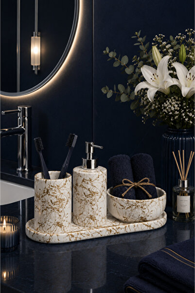 betonmall 4 Piece Marble Patterned Concrete Bathroom Accessory Set |   Liquid...