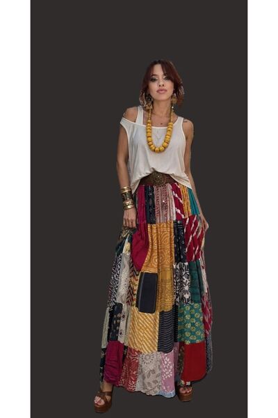 Bade İTHAL BOHEM TARZ PATCHWORK DESENLİ ETEK