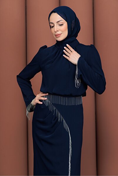 PAVENTİ Waist Chain Detailed Elegant Dress Navy Blue