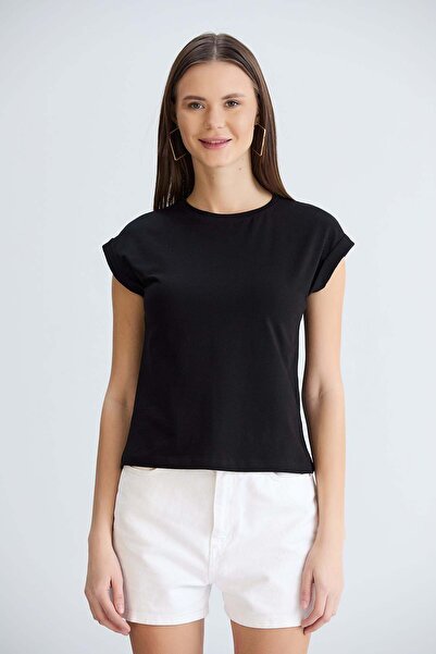 Sortie Women's Double Sleeve Crew Neck Cotton Basic T-Shirt Black
