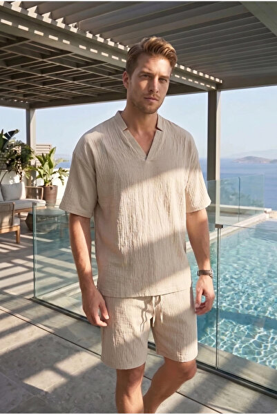 MADZEYMODA Ανδρικό υφασμάτινο Aerobin καλοκαιρινό μπεζ μπλουζάκι με λαιμόκοψη...