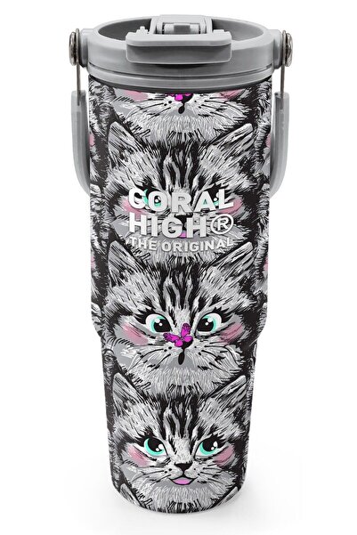 Coral High 900 ml Kız Çocuk Gri Kedi Desenli Çelik Termos /Matara - 38711