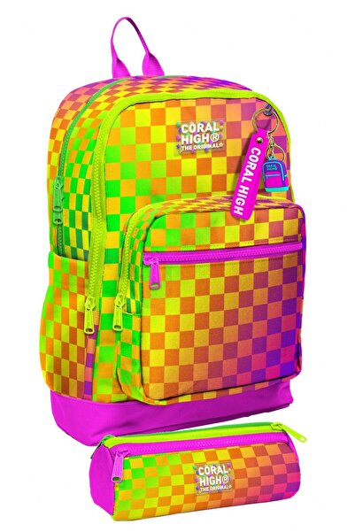 Coral High School Backpack and Pen Holder Set - Yellow Purple Checkered Patte...