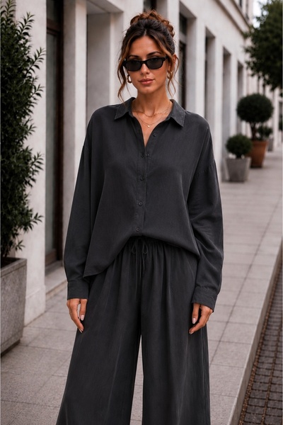 ZEYN ESTİLO Kadın Modal Gömlek Siyah Oversize Kalıp