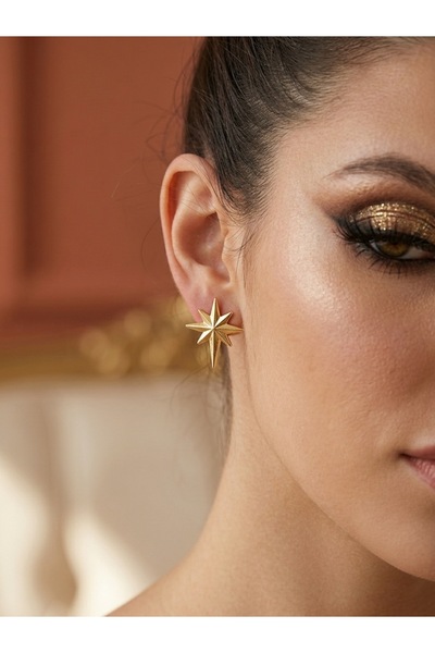 EKİDORA Kutup Yıldızı Çelik Kadın Küpe Gold Renk Minimal Şık Tasarım